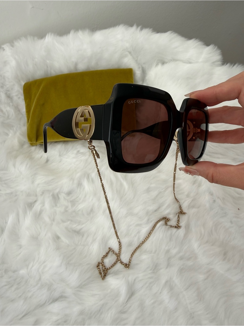 Gucci Black Square Sunglasses with Gold Chain and Brown Lenses